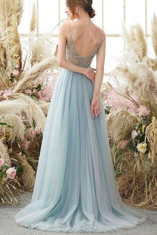 A-line V-neck Tulle  Spaghetti Straps Beaded Long Prom Dresses