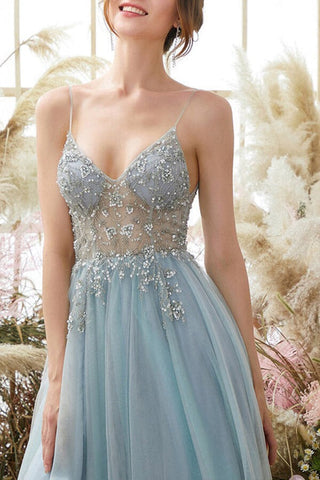 A-line V-neck Tulle  Spaghetti Straps Beaded Long Prom Dresses