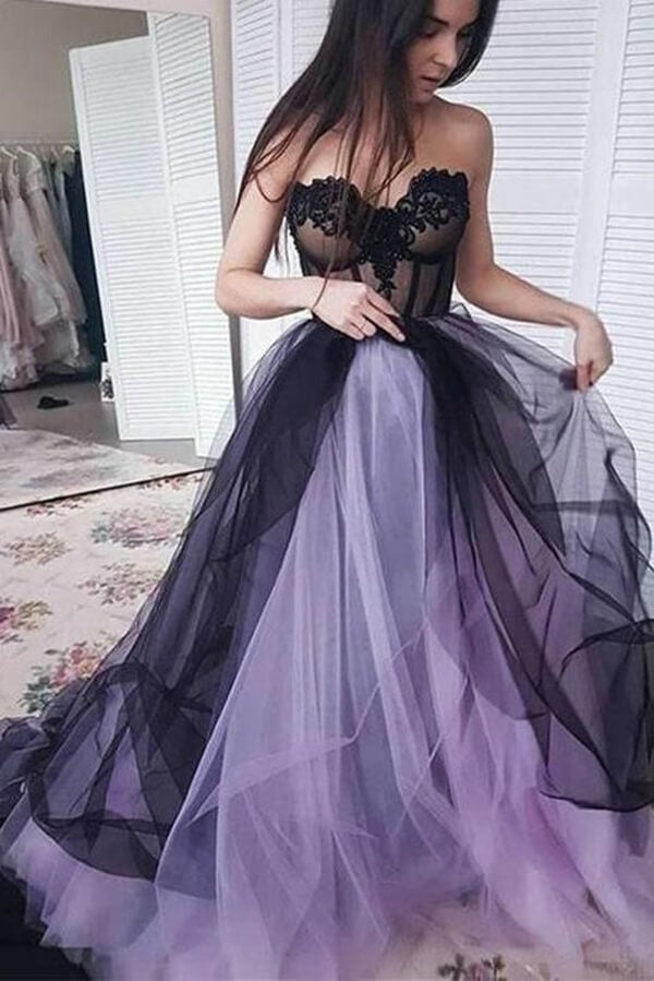 Lilac Black A-line Sweetheart Tulle  Prom Dresses With Lace Appliques