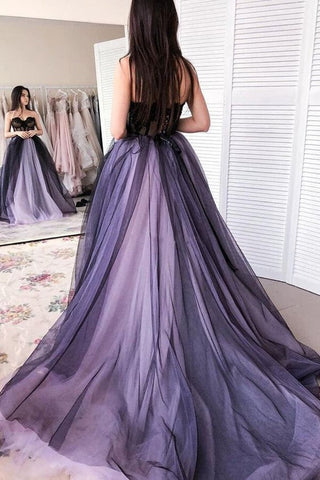 Lilac Black A-line Sweetheart Tulle  Prom Dresses With Lace Appliques