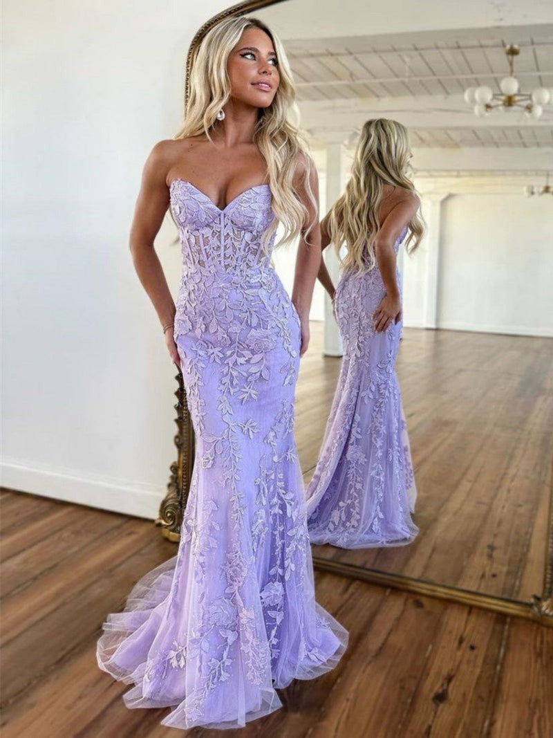 Lace Mermaid Strapless  Prom Dress With Appliques