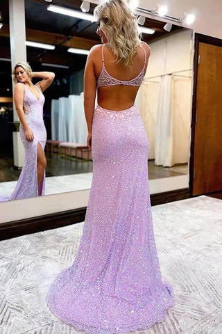Long V-neck Sparkly Mermaid   Prom Dresses With Slit, Evening Dress
