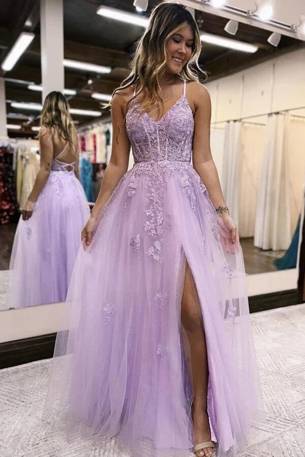 A-line V-neck Prom Dresses Long Formal Dresses With Side Slit