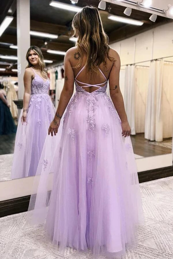 A-line V-neck Prom Dresses Long Formal Dresses With Side Slit