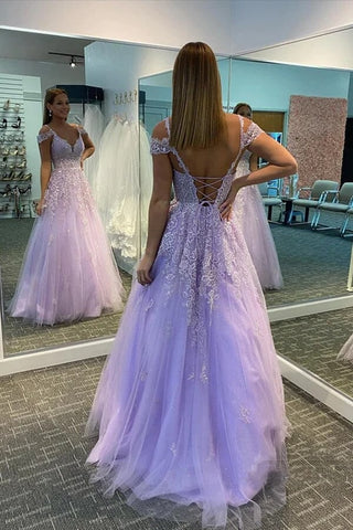 A-line Tulle  V-neck Prom Dresses With Lace Appliques, Evening Dress