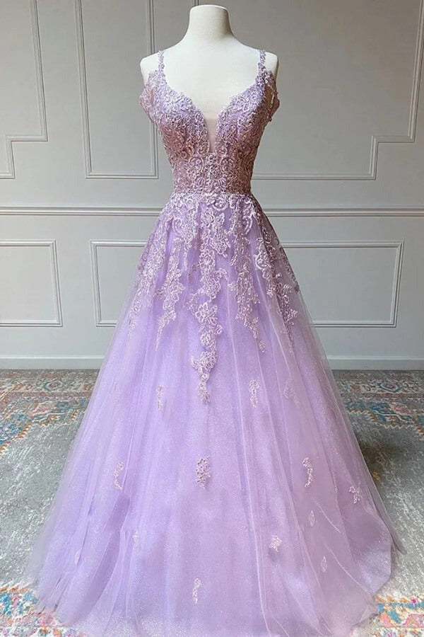 A-line Tulle  V-neck Prom Dresses With Lace Appliques, Evening Dress
