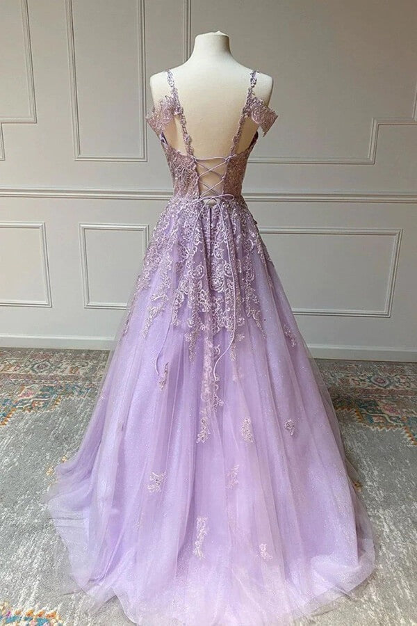 A-line Tulle  V-neck Prom Dresses With Lace Appliques, Evening Dress