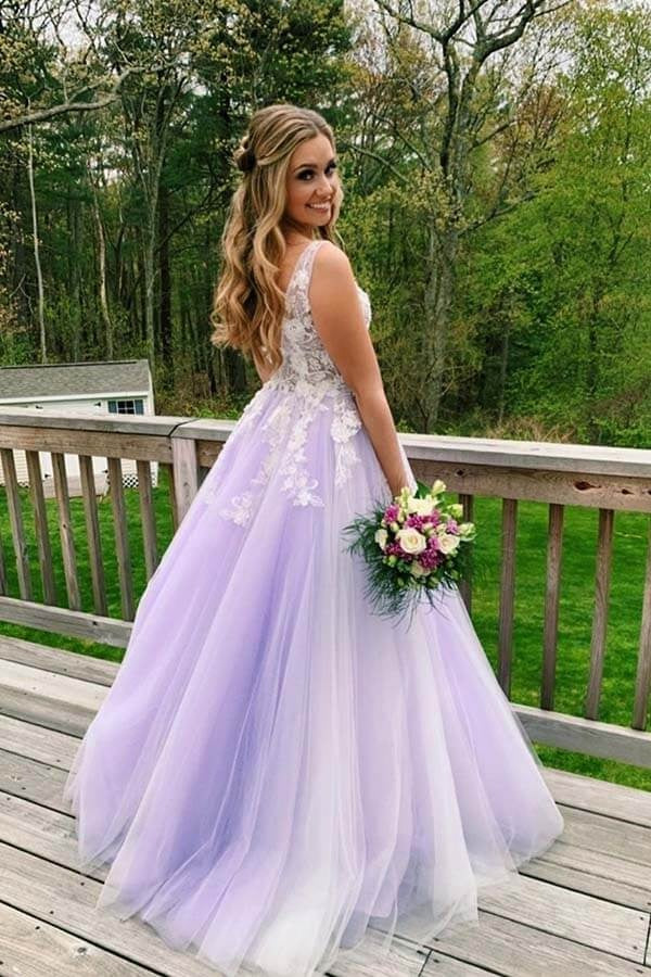 A-line V-neck Tulle Lace  Open Back Prom Dresses, Long Formal Dress