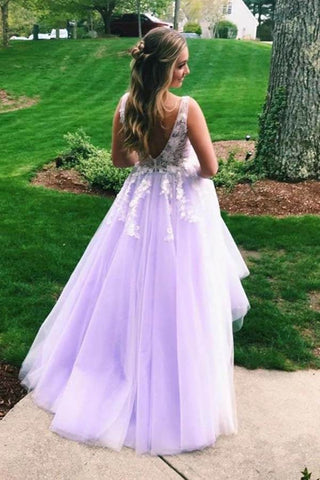 A-line V-neck Tulle Lace  Open Back Prom Dresses, Long Formal Dress