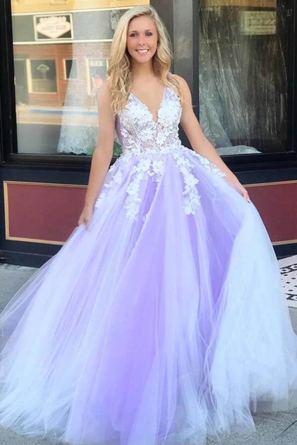 A-line V-neck Tulle Lace  Open Back Prom Dresses, Long Formal Dress
