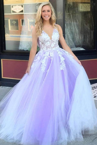 A-line V-neck Tulle Lace  Open Back Prom Dresses, Long Formal Dress