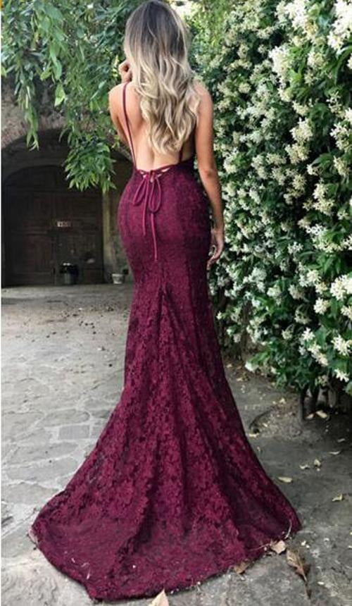 V Neck Lace Spaghetti Strap Long Prom Dresses