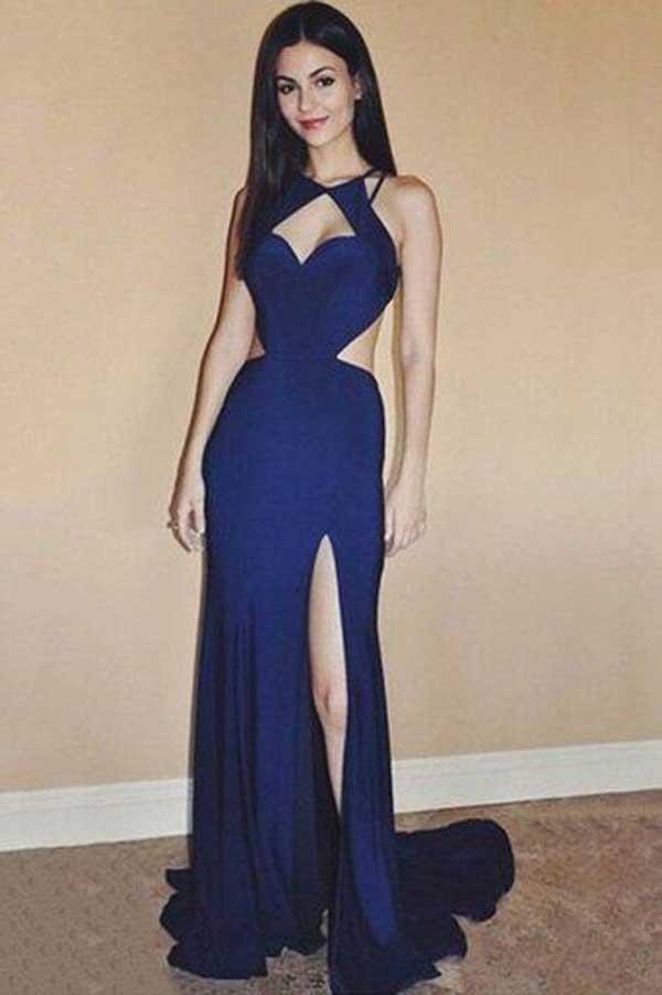 Halter Long  Backless Chiffon Prom Dress with Slit, Long Party Dress
