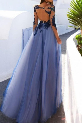 Lace Open Back See Through Long Sleeve Evening Dress
