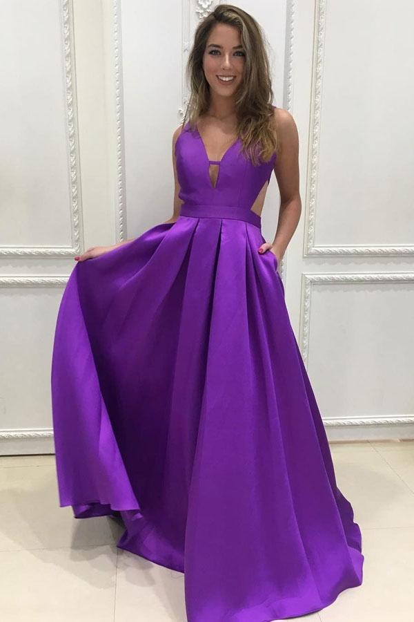 A-line Simple Satin V-neck Long Prom Dresses, Bridesmaid Dress