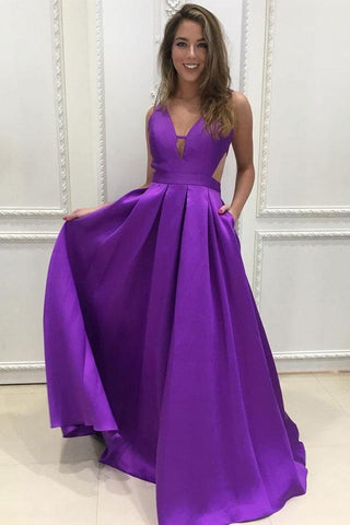 A-line Simple Satin V-neck Long Prom Dresses, Bridesmaid Dress