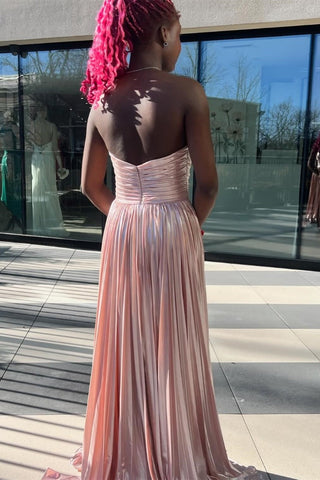 A Line Metallic Satin Pleated Strapless Prom Dresses with Slit