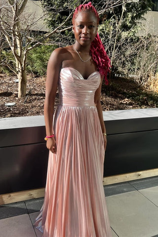 A Line Metallic Satin Pleated Strapless Prom Dresses with Slit