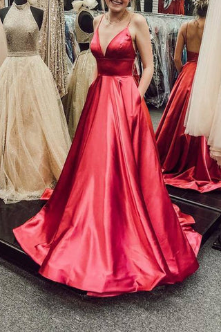 Long Spaghetti Straps Prom Dresses Pockets Evening Gowns Backless