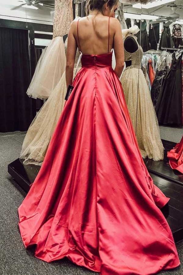 Long Spaghetti Straps Prom Dresses Pockets Evening Gowns Backless