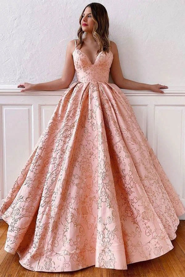Long Satin Ball Gown V-neck Straps Cross Back  Long Prom Dresses