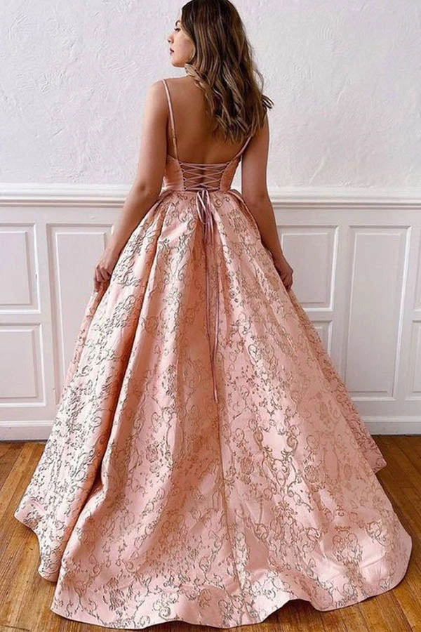 Long Satin Ball Gown V-neck Straps Cross Back  Long Prom Dresses