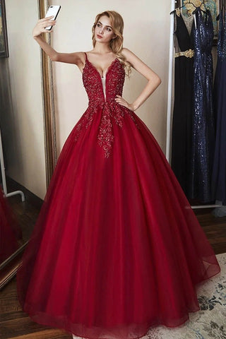 Long Elegant Tulle Straps Ball Gown Beaded  Prom Dress