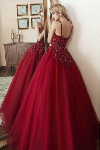 Long Elegant Tulle Straps Ball Gown Beaded  Prom Dress