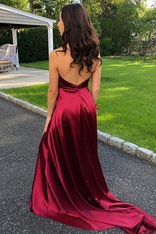 A-Line Satin V-neck  Spaghetti Straps Sweep Train Prom Dress With Slit