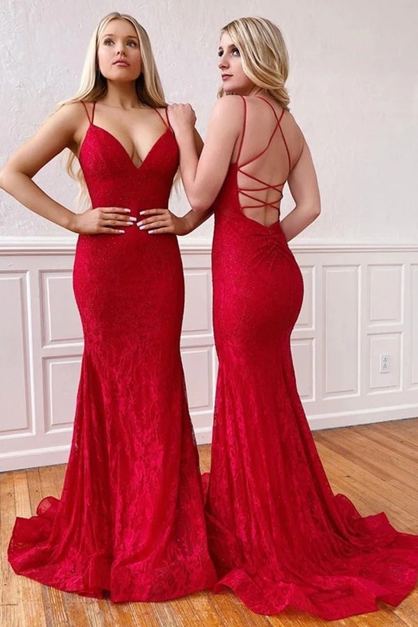 Elegant Mermaid V-neck Spaghetti Straps Lace Cross Back Evening  Prom Dresses