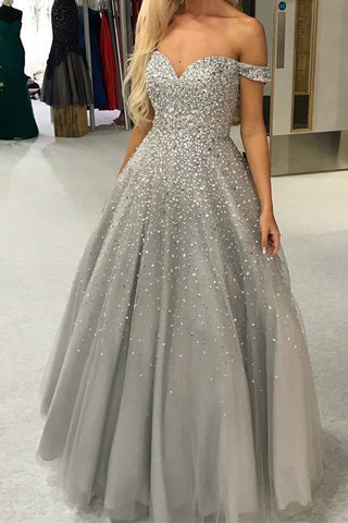 Long Gorgeous Ball Gown Off the Shoulder Open Back  Evening Prom Dresses with Beaded