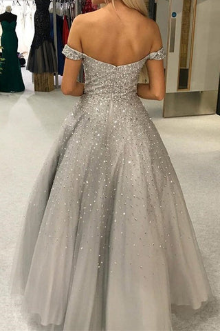 Long Gorgeous Ball Gown Off the Shoulder Open Back  Evening Prom Dresses with Beaded