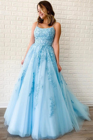 A-LineTulle Spaghetti Straps Scoop  Prom Dresses with Appliques