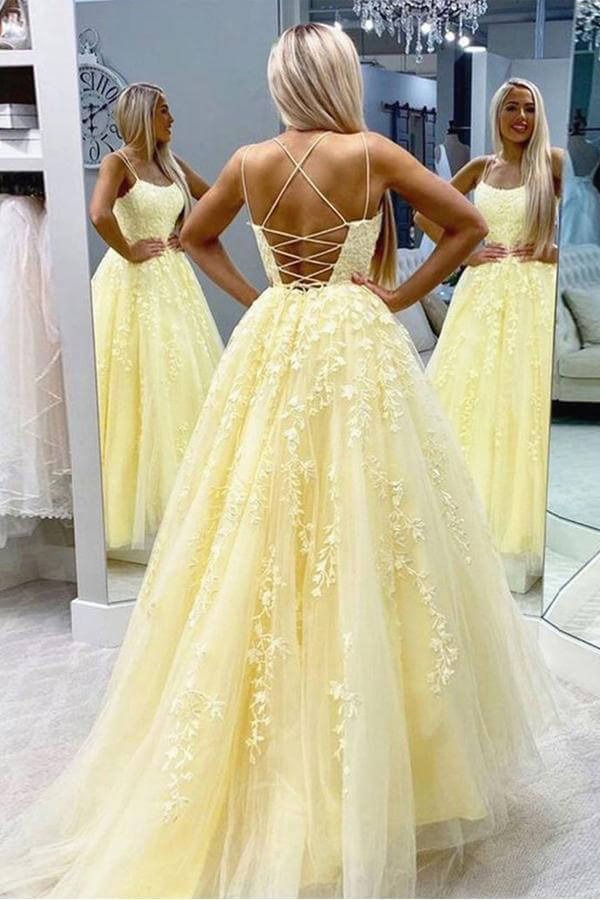 A-LineTulle Spaghetti Straps Scoop  Prom Dresses with Appliques