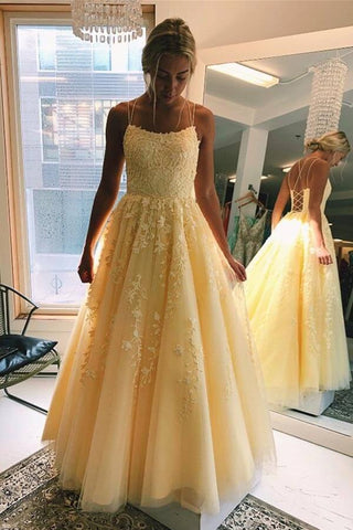A-LineTulle Spaghetti Straps Scoop  Prom Dresses with Appliques