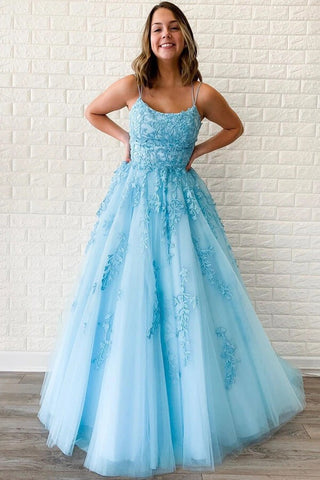 A-LineTulle Spaghetti Straps Scoop  Prom Dresses with Appliques