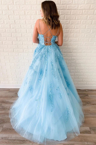 A-LineTulle Spaghetti Straps Scoop  Prom Dresses with Appliques