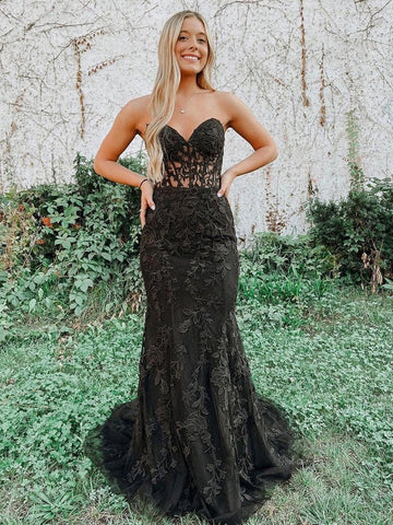 Lace Mermaid Strapless  Prom Dress With Appliques