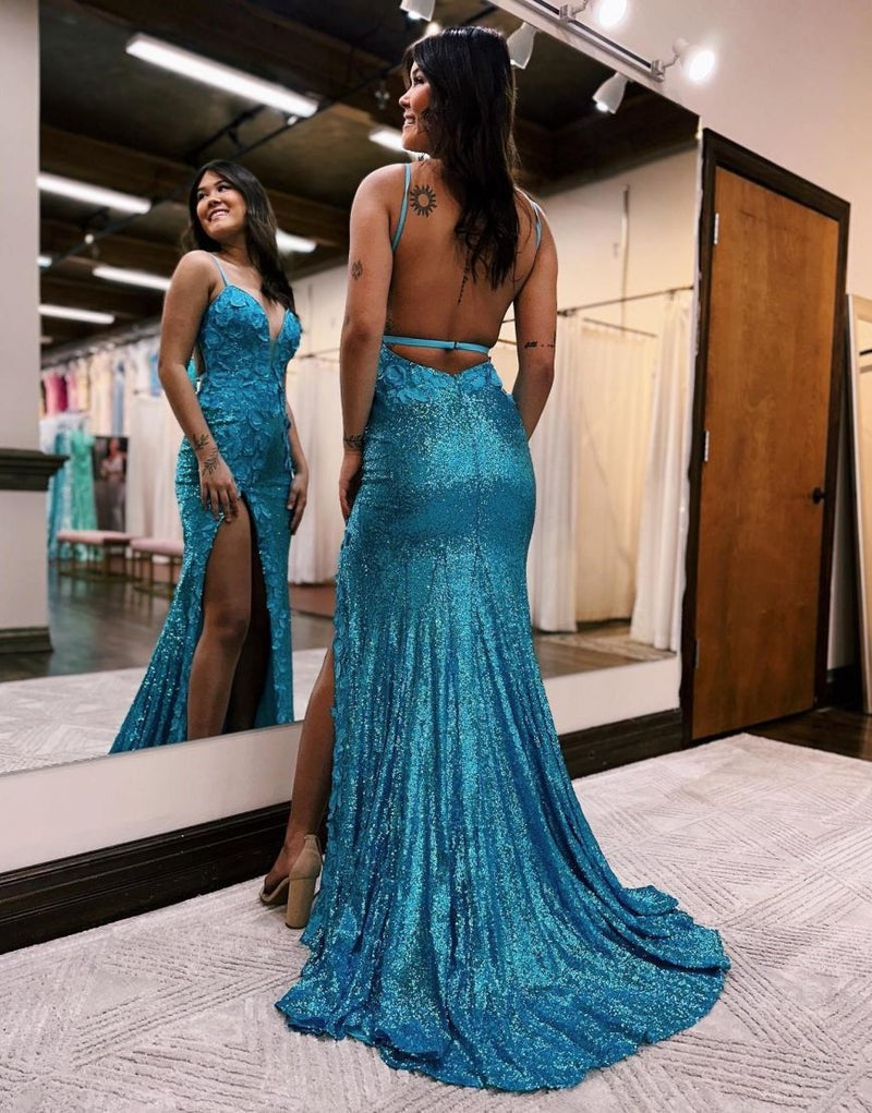 Mermaid Sequins V Neck  Prom Dress with Slit
