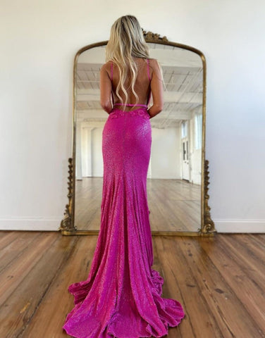 Mermaid Sequins V Neck  Prom Dress with Slit