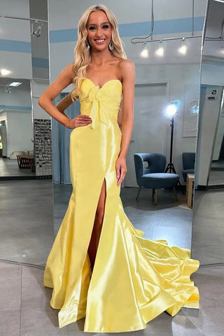 Strapless Bow Yellow Long Mermaid Prom Dress Party Dress
