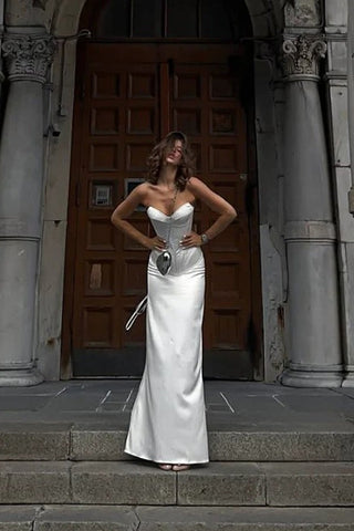 Sweetheart Neck Corset Satin White Long Mermaid Prom Dress