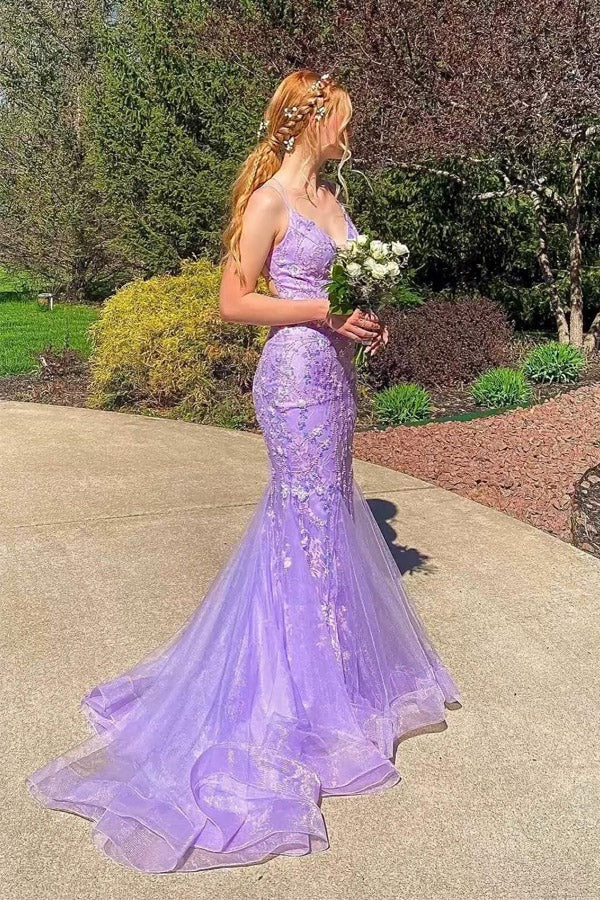 Spaghetti Straps Mermaid Lace Lavender Long Prom Dress