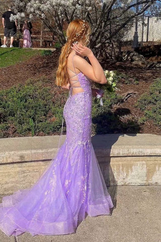 Spaghetti Straps Mermaid Lace Lavender Long Prom Dress