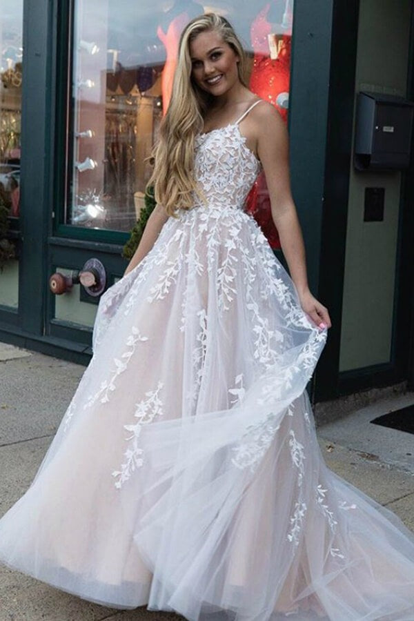 A-LineTulle Spaghetti Straps Scoop  Prom Dresses with Appliques