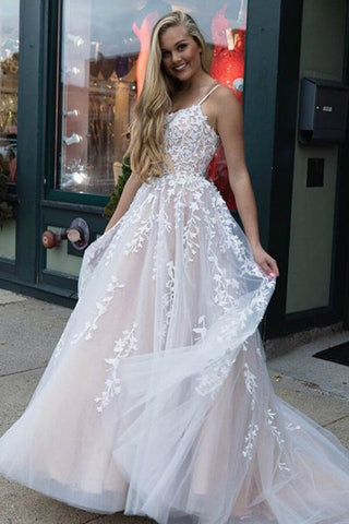 A-LineTulle Spaghetti Straps Scoop  Prom Dresses with Appliques