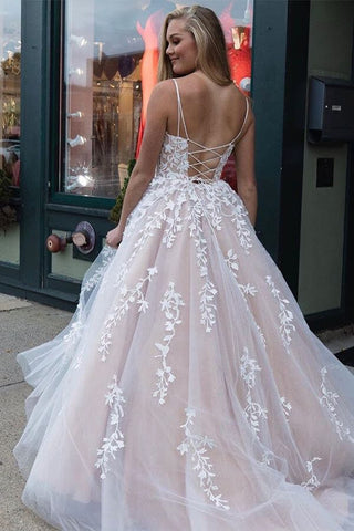 A-LineTulle Spaghetti Straps Scoop  Prom Dresses with Appliques