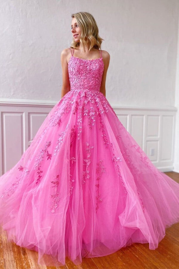 A-LineTulle Spaghetti Straps Scoop  Prom Dresses with Appliques