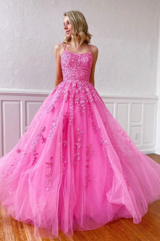 A-LineTulle Spaghetti Straps Scoop  Prom Dresses with Appliques