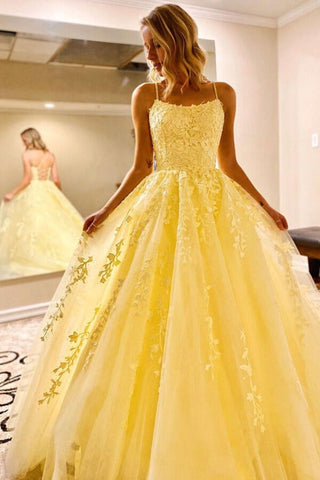 A-LineTulle Spaghetti Straps Scoop  Prom Dresses with Appliques
